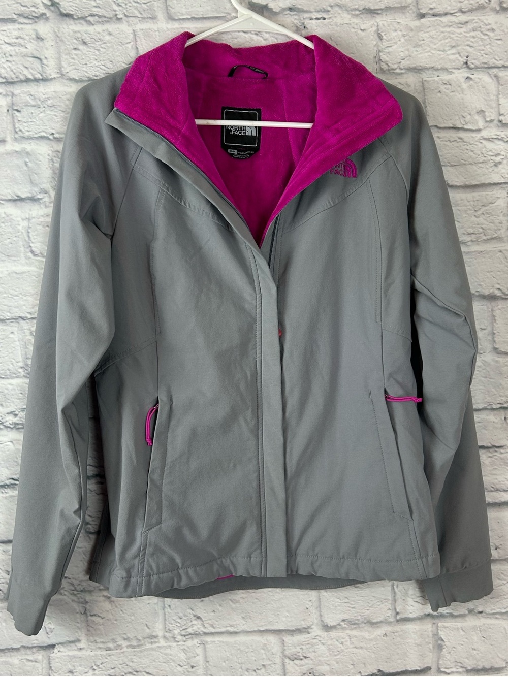 The North Face WindWall Jacket Women Small Gray Pink Fleece Lined Full Zip